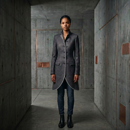 Women’s chargoal luxury military coat by Iron & Iris with sculpted tailored silhouette