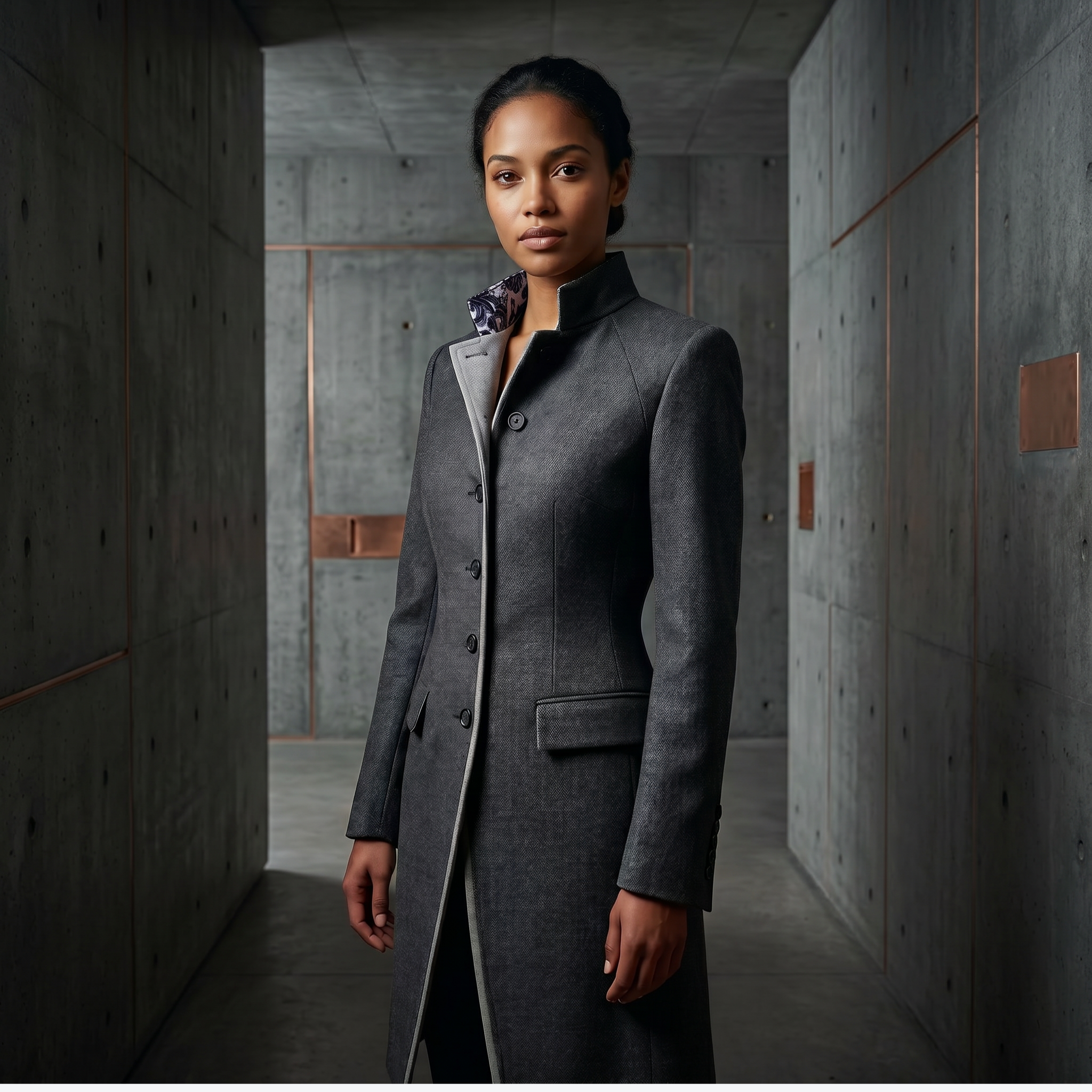Women’s chargoal luxury military coat by Iron & Iris with sculpted tailored silhouette