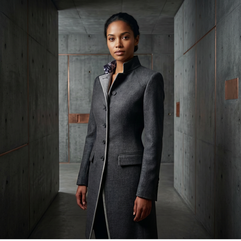 Women’s chargoal luxury military coat by Iron & Iris with sculpted tailored silhouette