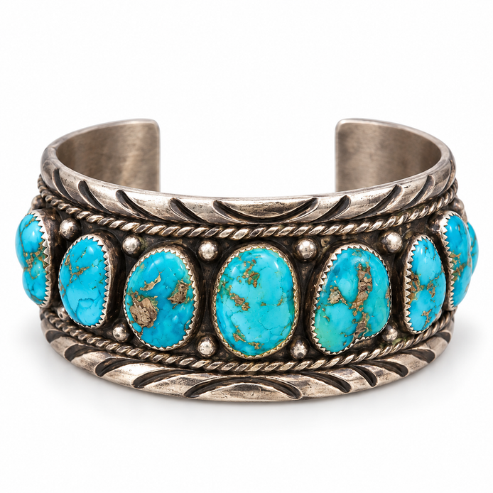 Vintage 1960s A. Thom Navajo Sterling Silver Kingman Turquoise Cuff