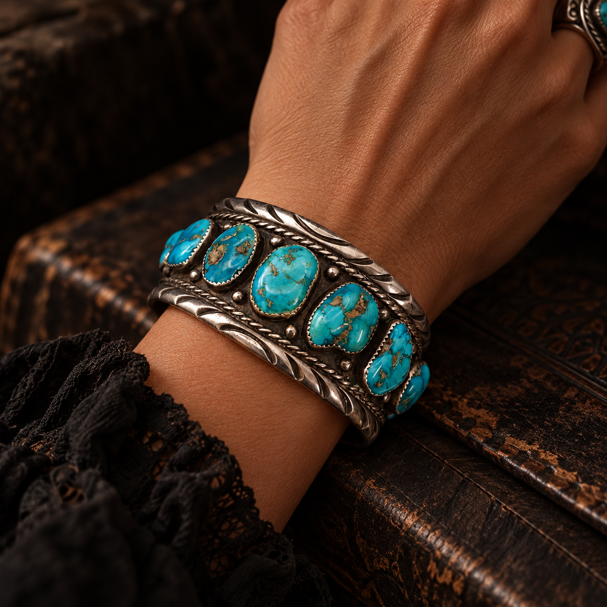 Vintage 1960s A. Thom Navajo Sterling Silver Kingman Turquoise Cuff