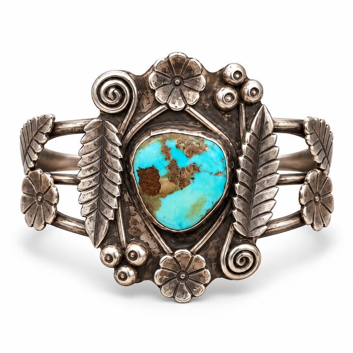 Vintage 1960s Navajo Turquoise Floral & Leaf Collector Cuff