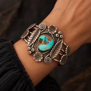 Vintage 1960s Navajo Turquoise Floral & Leaf Collector Cuff
