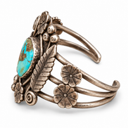 Vintage 1960s Navajo Turquoise Floral & Leaf Collector Cuff