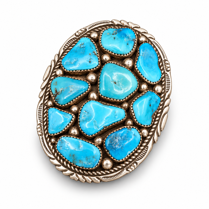 Vintage Navajo Sterling Silver Turquoise Cluster Belt Buckle Sky Blue – Signed MT