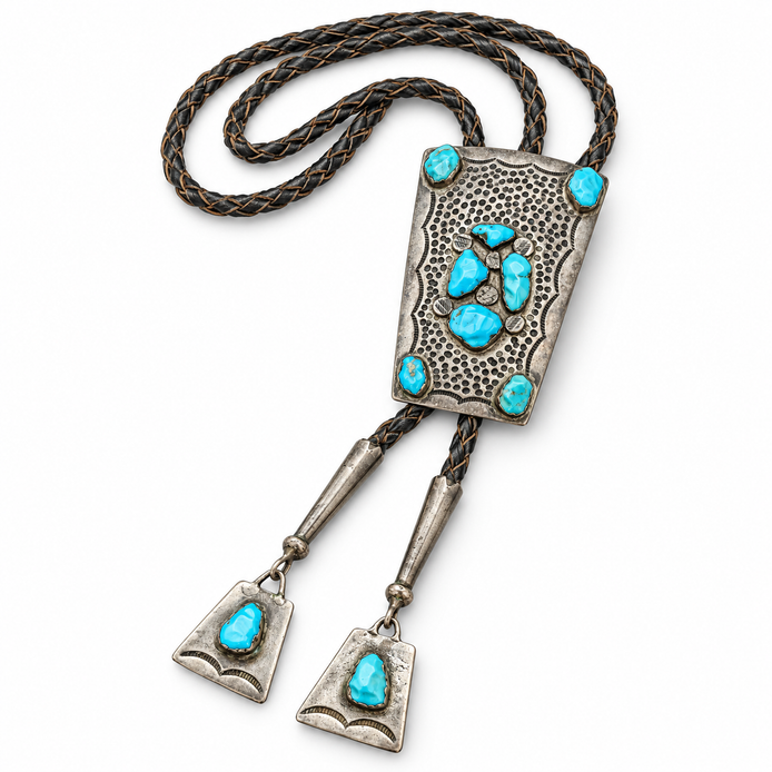 Vintage Turquoise Cluster Sterling Silver Bolo Tie