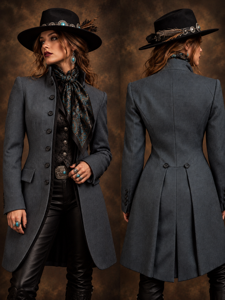 Women's Grey Wool Military Coat – Black Accents