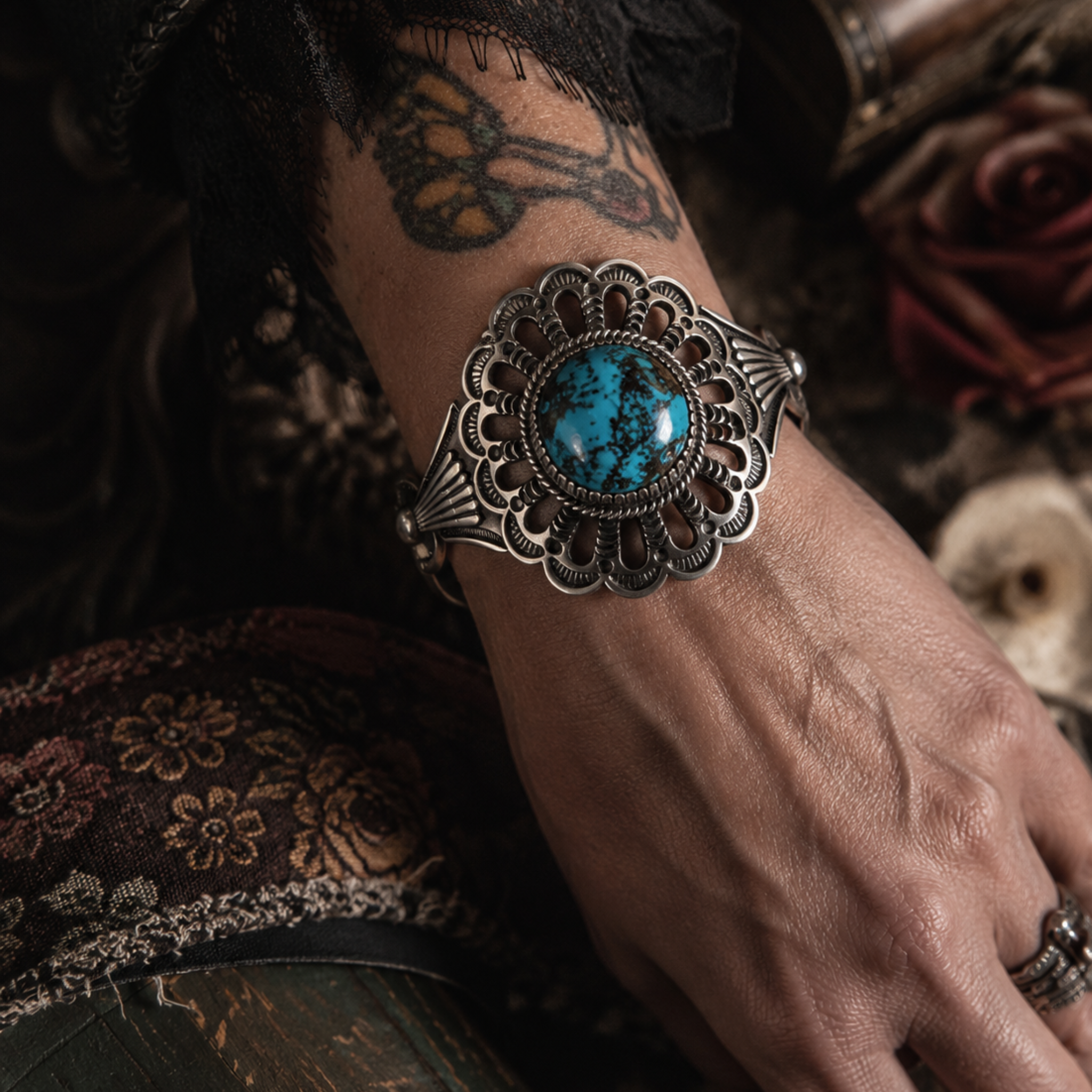 Southwestern Sterling Silver Turquoise Concho Blossom Collector Cuff