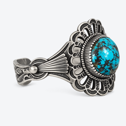 Southwestern Sterling Silver Turquoise Concho Blossom Collector Cuff