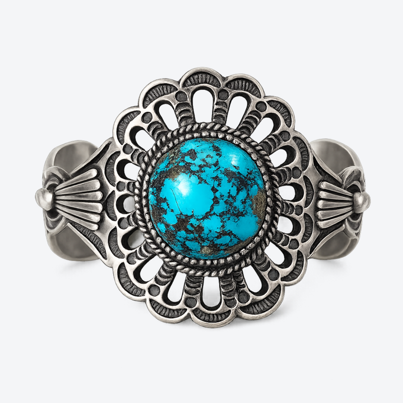 Southwestern Sterling Silver Turquoise Concho Blossom Collector Cuff