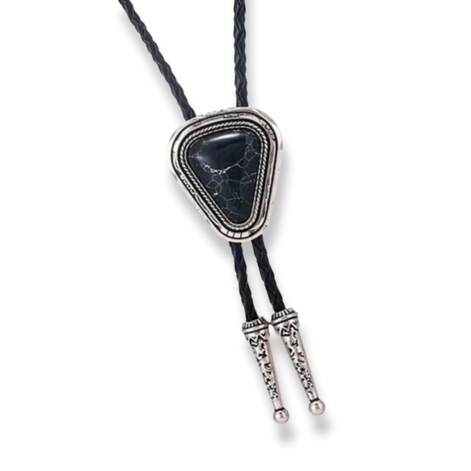 Triangle Black Onyx Western Cowboy Bolo Tie Necklace