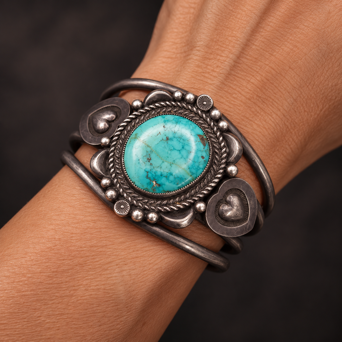 Vintage 1950s Navajo Turquoise Heart & Silver Cuff Bracelet