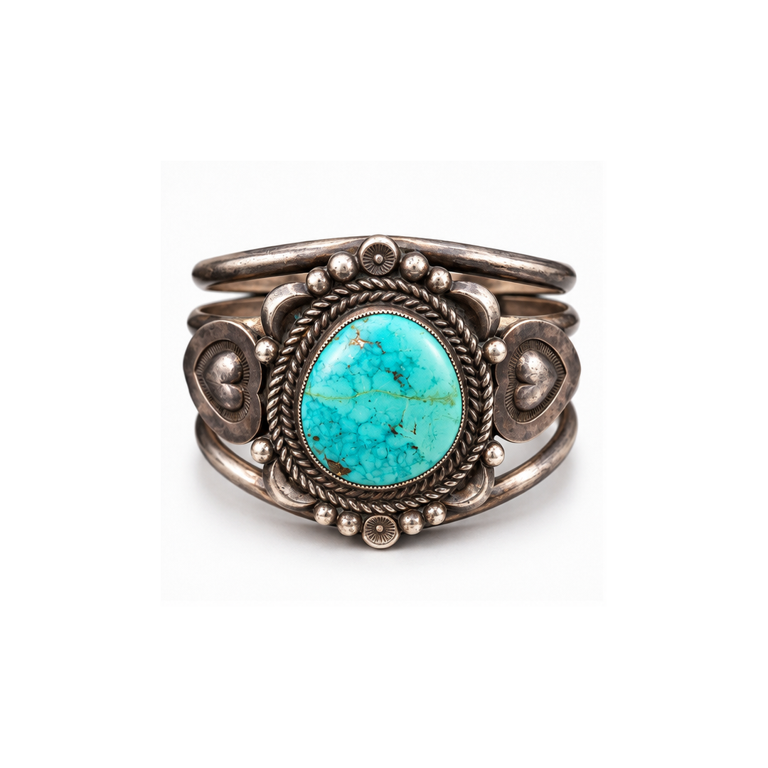 Vintage 1950s Navajo Turquoise Heart & Silver Cuff Bracelet