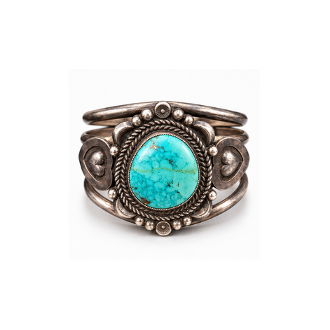 Vintage 1950s Navajo Turquoise Heart & Silver Cuff Bracelet