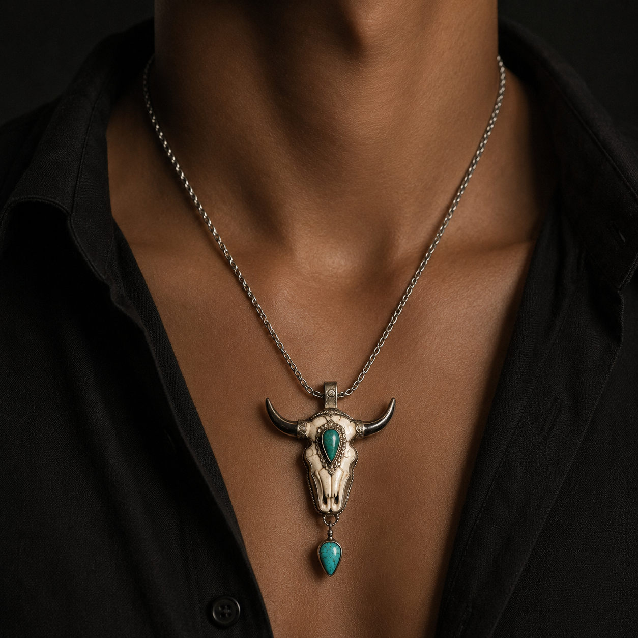 Large Skull with Turquoise Drop Pendant