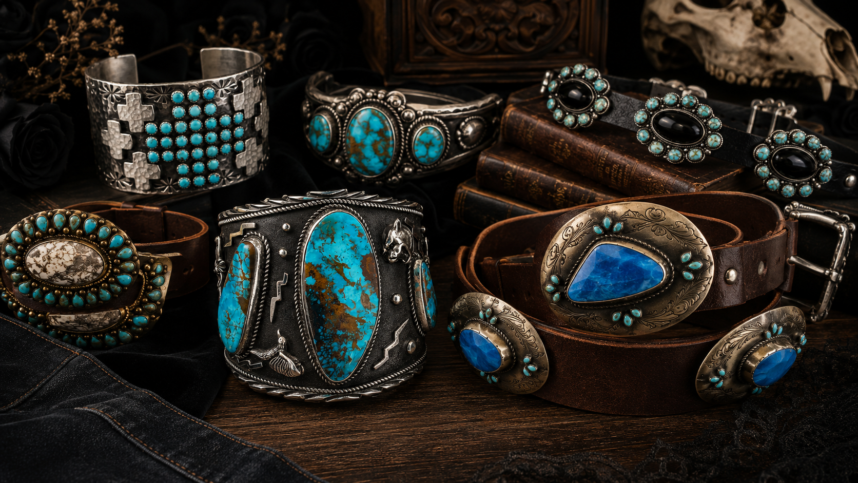 Rare artisan sterling silver turquoise cuffs and concho belts styled with dark western editorial props for Iron & Iris