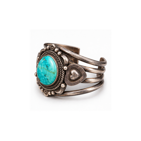 Vintage 1950s Navajo Turquoise Heart & Silver Cuff Bracelet